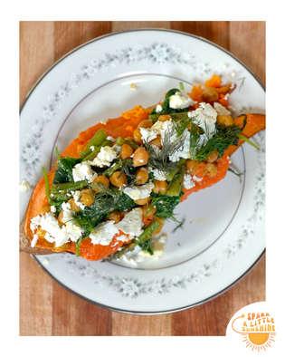  Sweet Potato Half With Roasted Red Pepper-Tomato Chickpea Garlic Sauce, Spinach, Asparagus, Roasted Chickpeas, and Feta | Spark A Little Sunshine | Lisa Alavi